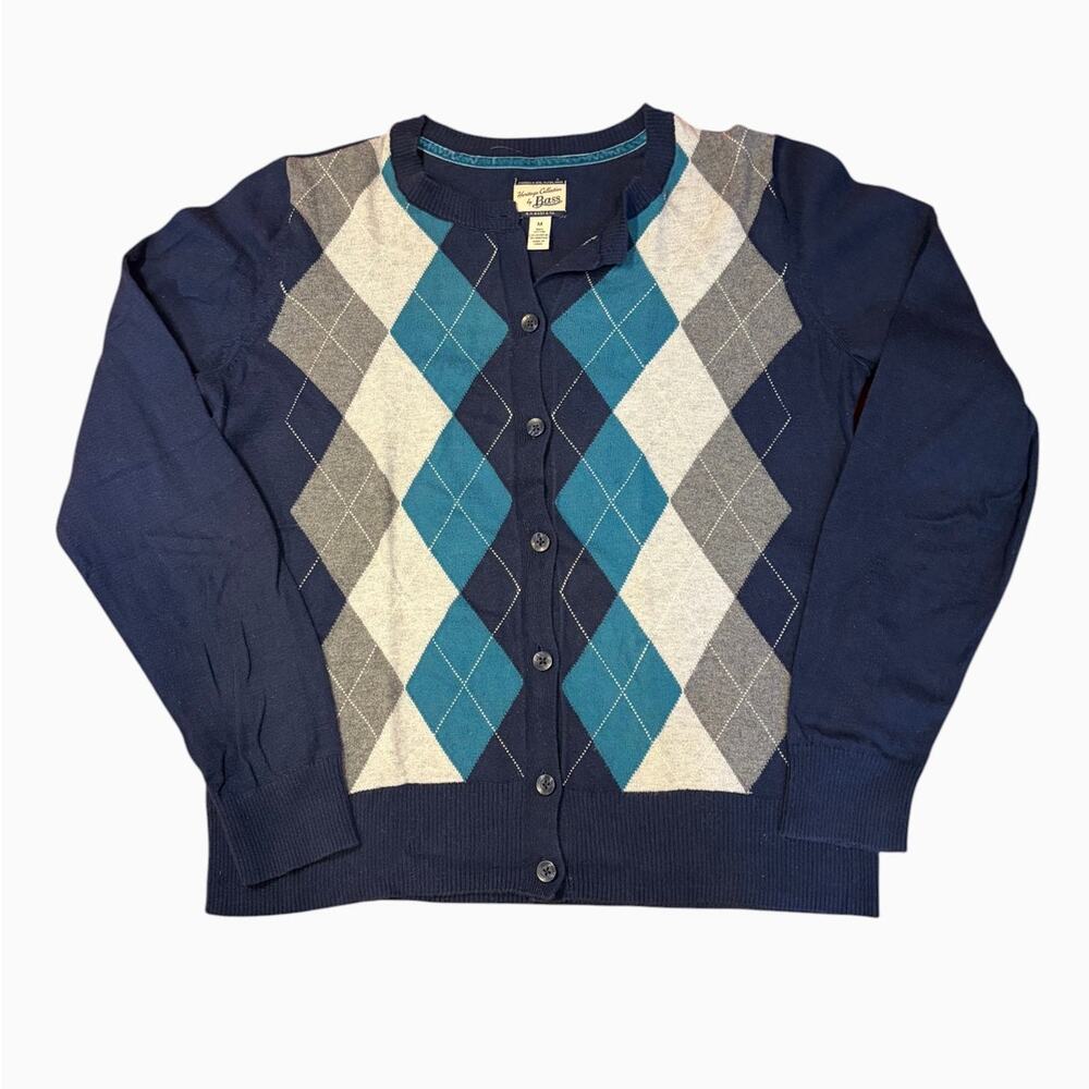 G.H. BASS & CO. Vintage Women's Argyle Cardigan MEDIUM Navy Teal 100% Cotton